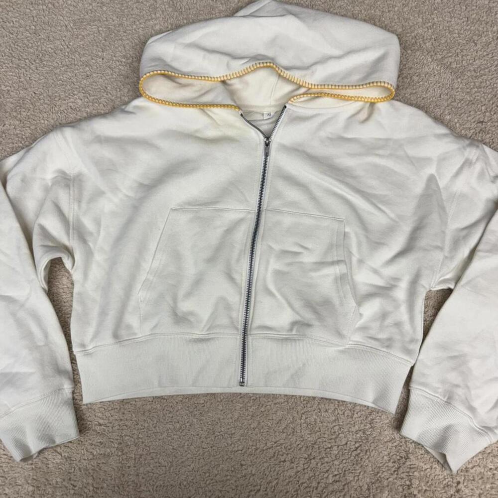 Sample‎ Zip-Up Crop Cotton Hoodie White with Yellow Embroidery MEDIUM NWT